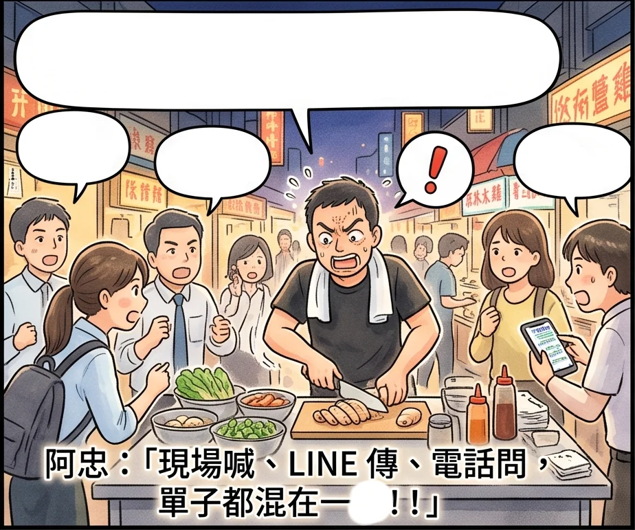 夜市鹽水雞攤，客人排隊有人現場喊菜有人傳 LINE，阿忠一邊剁雞肉一邊看紙條和手機表情很忙