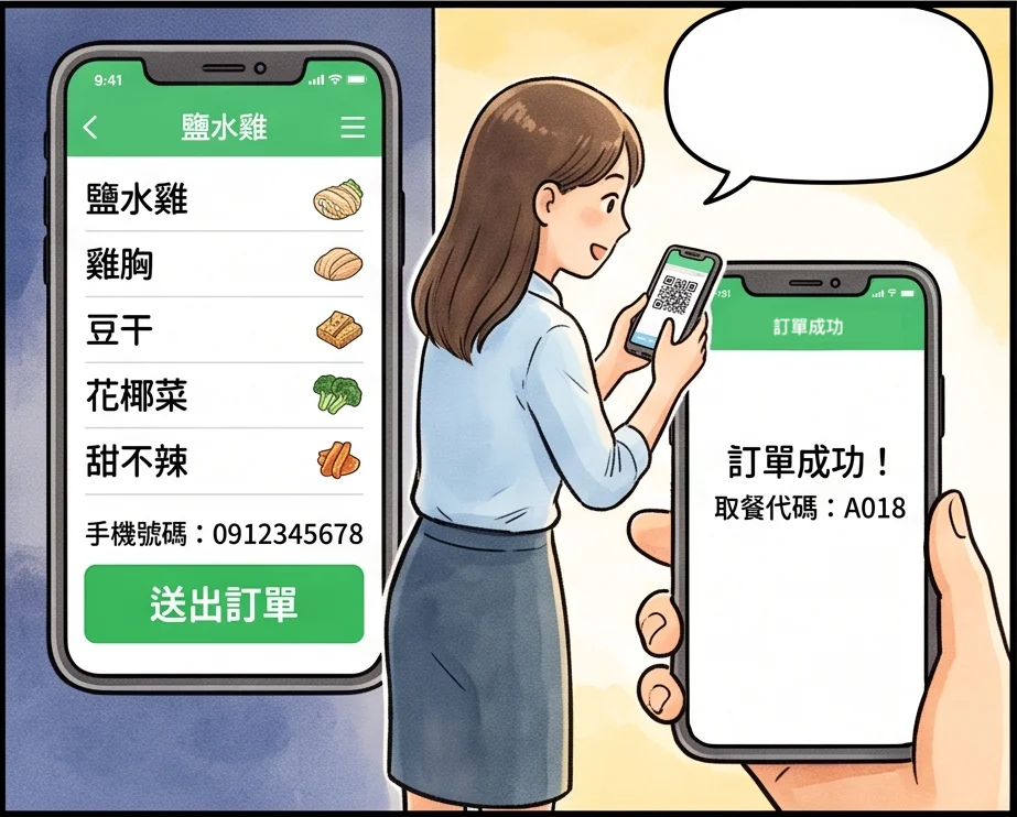 客人手機選鹽水雞豆干微辣填手機號碼後送出，手機畫面出現取餐代碼 A018