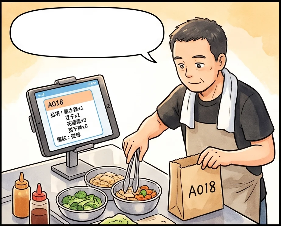 阿忠的平板跳出新訂單顯示品項備註取餐代碼，阿忠照單夾菜把紙袋貼上 A018