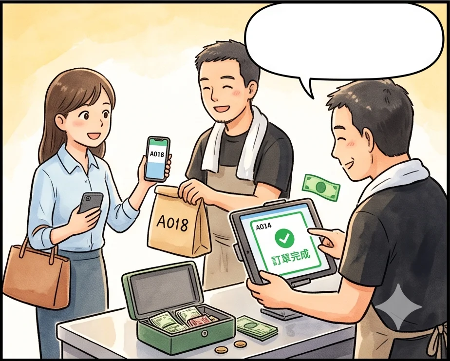 客人回來出示 A018，阿忠交出外帶紙袋，按完成訂單卡片變綠色
