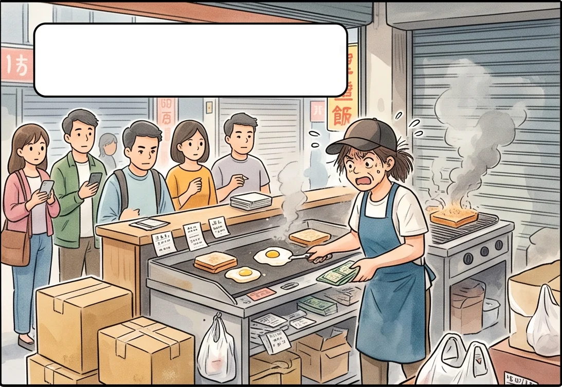 清晨早餐店外帶客排隊烤台冒煙，阿霞一個人煎蛋烤吐司收錢看手寫單旁邊吐司快烤焦