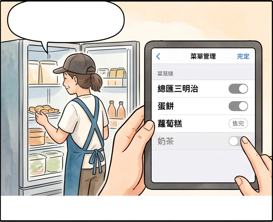 阿霞在冰箱旁發現蘿蔔糕賣完，在菜單管理把蘿蔔糕標成售完
