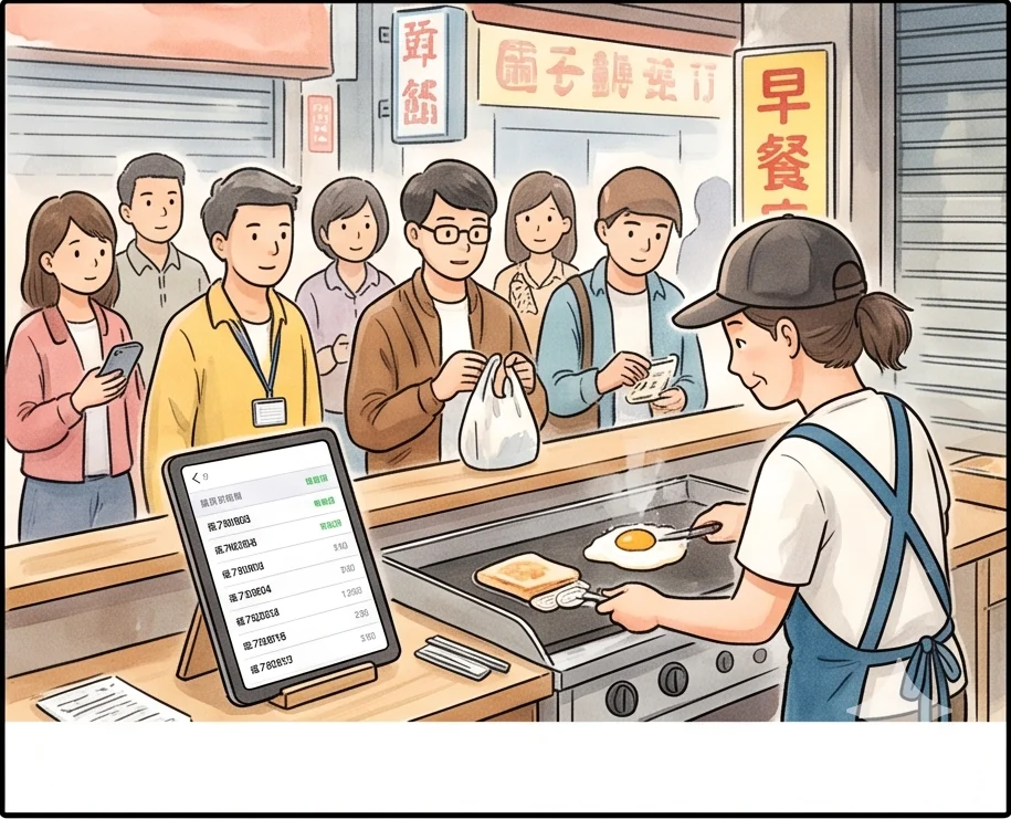 早餐尖峰仍然忙但外帶單排得清楚客人照號碼取餐，阿霞看著平板安心繼續做餐