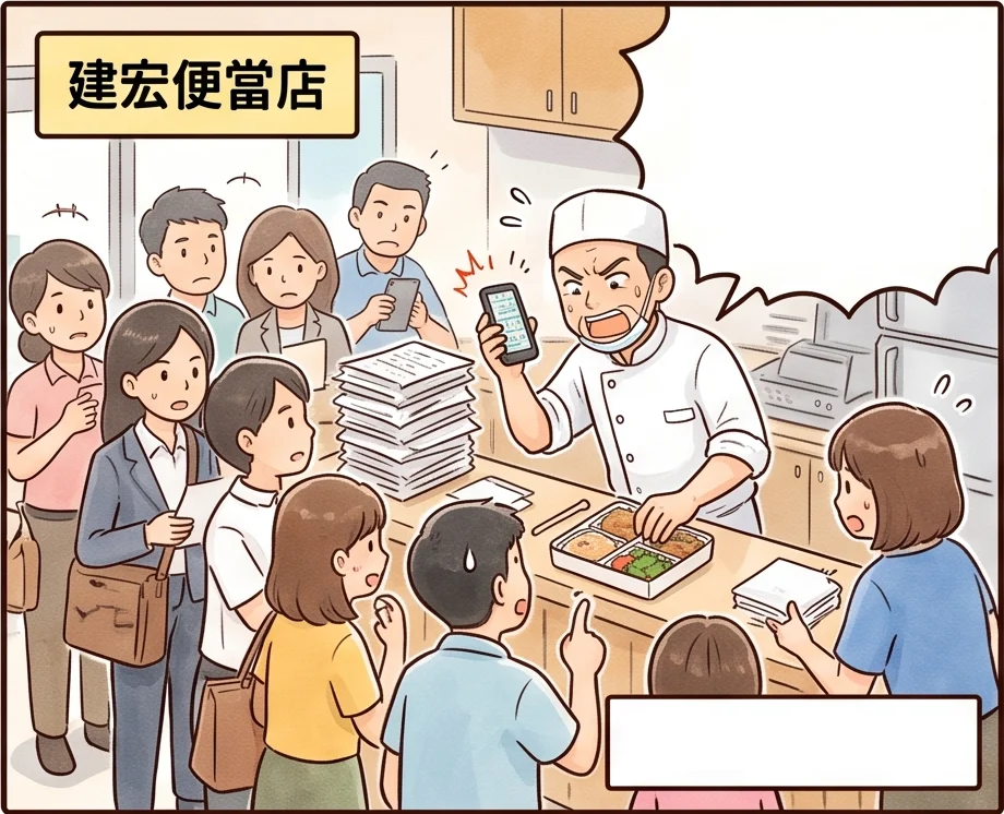中午便當店電話響不停店員邊夾菜邊接電話，建宏拿著電話喊你要幾個雞腿旁邊排隊客人不耐煩
