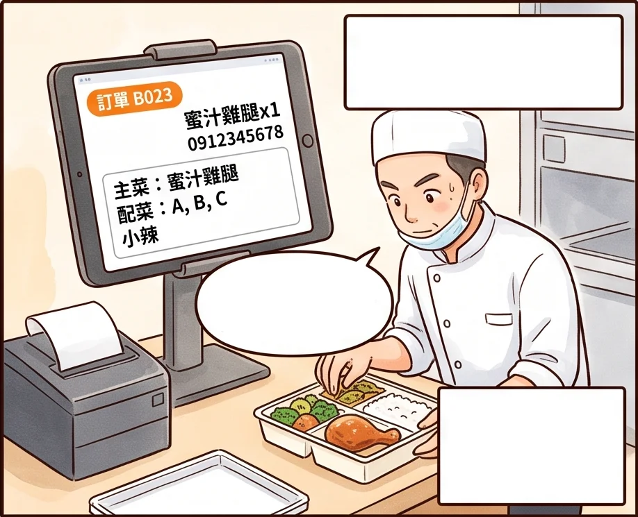 手機畫面顯示取餐代碼 B023，店內看板也出現同一筆外帶訂單，建宏照看板先把便當裝好
