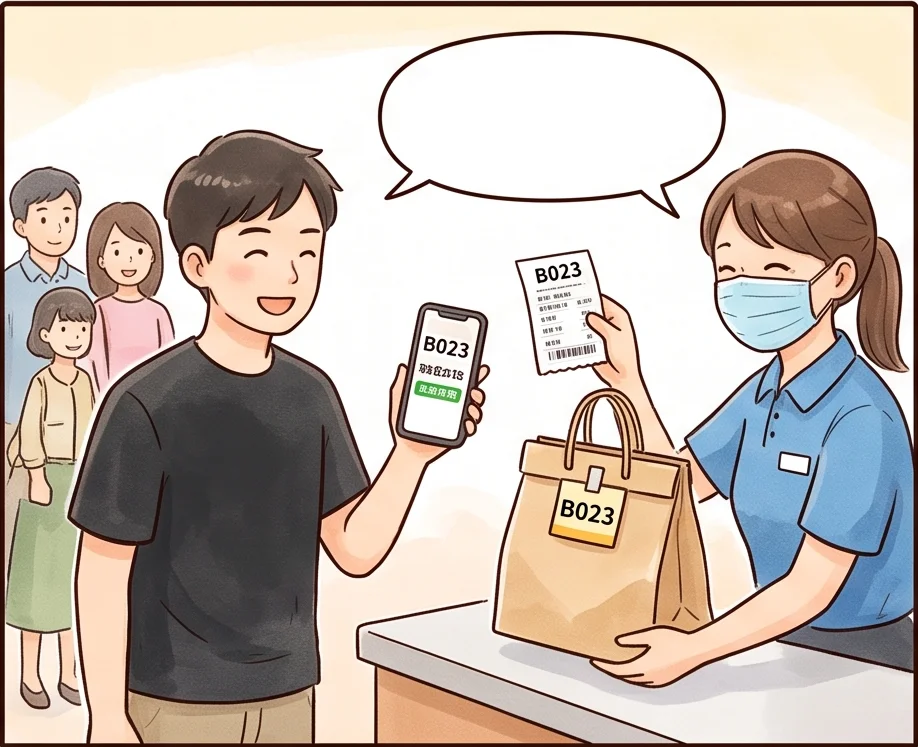 客人到店出示手機上的取餐代碼，店員核對 B023 把便當交給客人