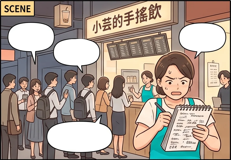 手搖飲店客人排隊大家都在講甜度冰塊加料，小芸邊聽邊寫紙上密密麻麻