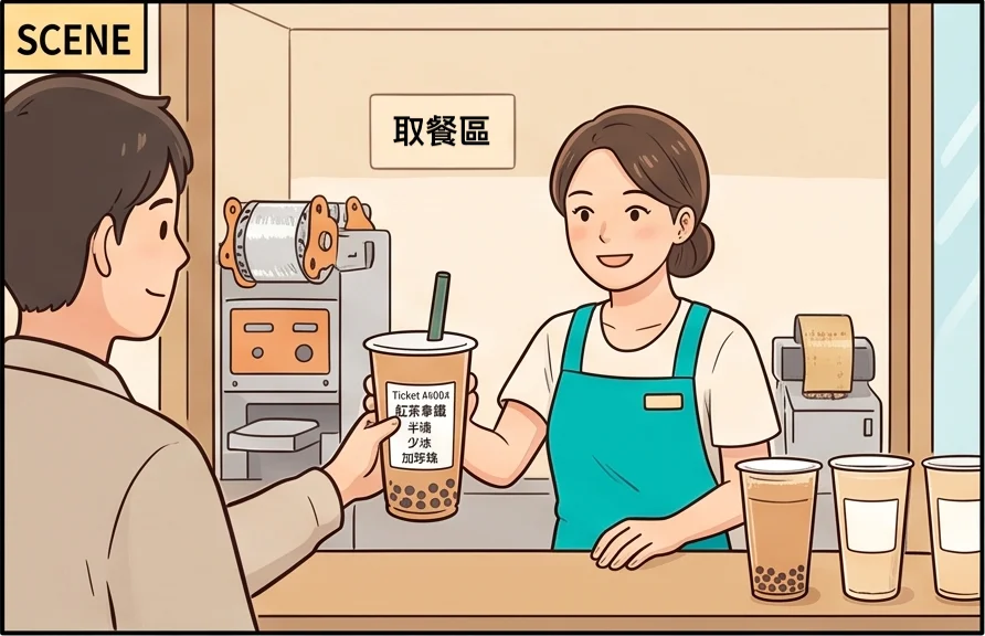 飲料店出杯順暢杯身貼著清楚標籤，小芸把飲料交給客人