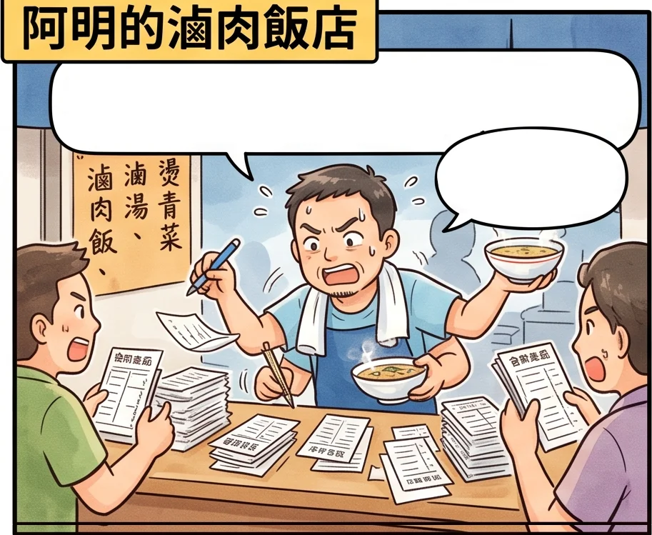 台灣巷口小吃店中午尖峰桌上紙本菜單手寫單客人喊加點，阿明一手拿筆一手端湯桌上紙條堆成一疊