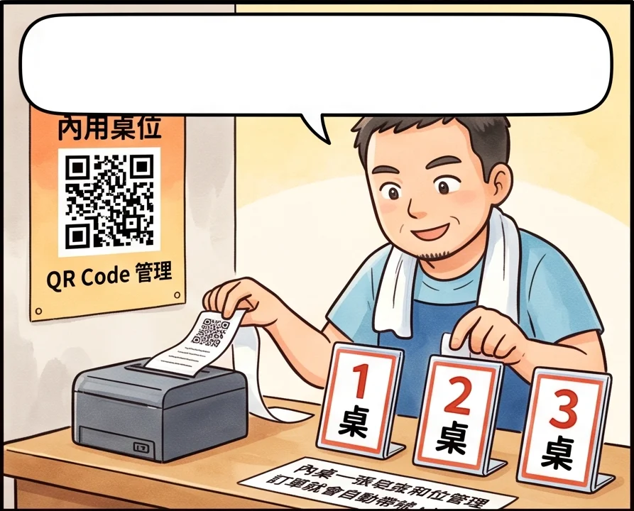 電腦畫面顯示桌位管理，阿明列印桌位 QR Code，每張桌子放上 1 桌 2 桌 3 桌 QR Code 立牌