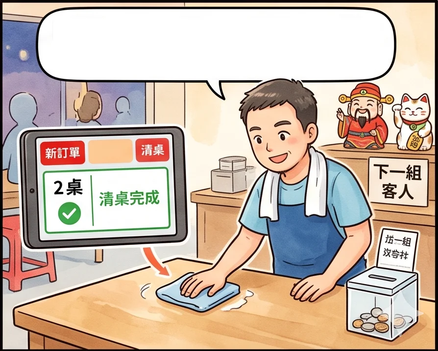客人離開阿明擦桌子，在看板上按清桌，桌位狀態清空準備接下一組客人