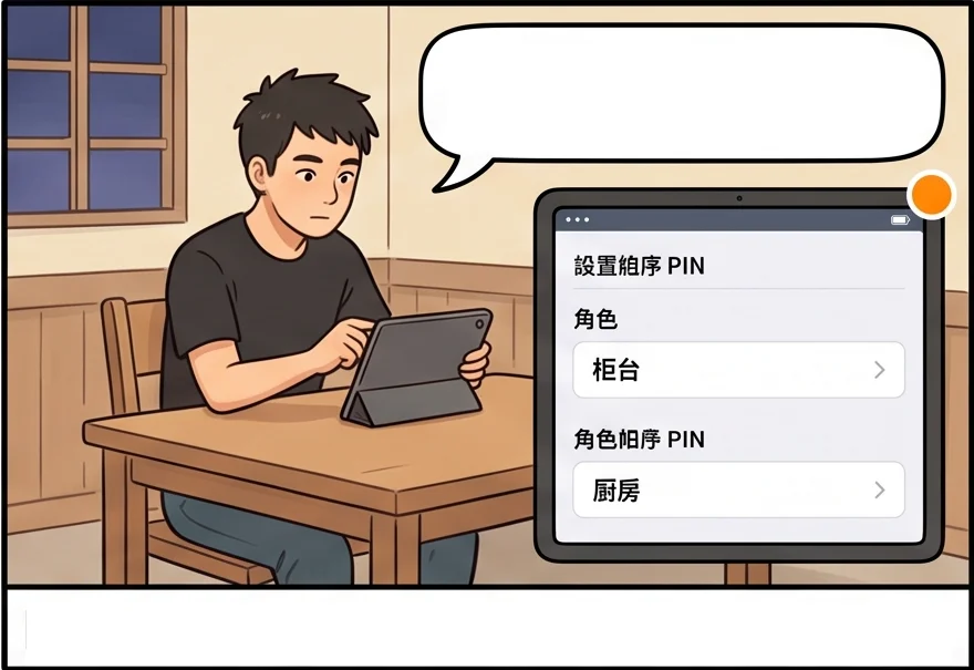阿偉在設定頁建立操作員，幫小美設定櫃台角色，幫阿國設定廚房角色與 PIN