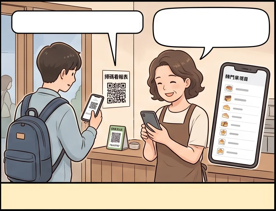 報表顯示熱門品項 Top 10 拿鐵和巴斯克蛋糕排前面，林姐指著螢幕點頭