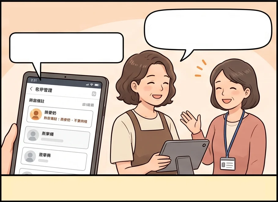 顧客管理頁某位常客備註燕麥奶不要肉桂，常客進門林姐親切打招呼