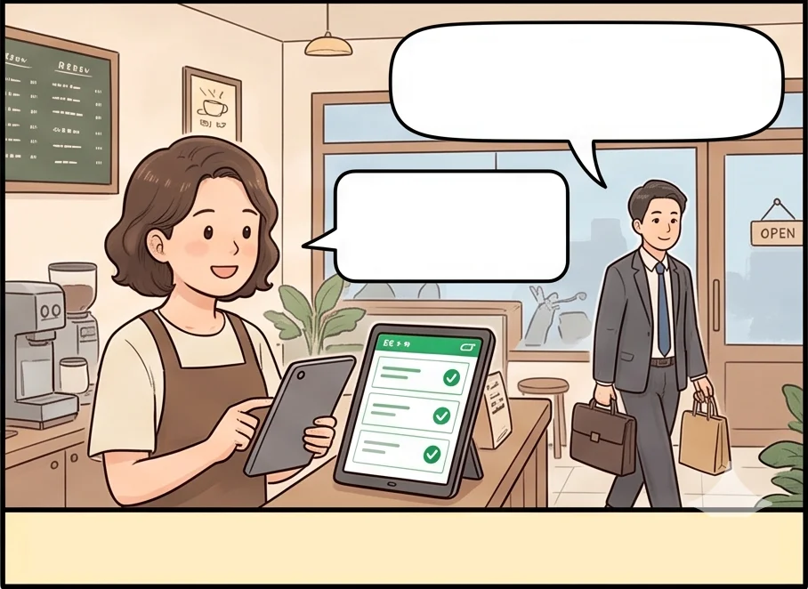 顧客用手機填回饋，林姐在後台看到服務和速度評分，她根據回饋調整出餐流程