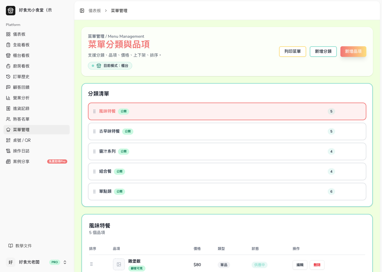 菜單管理實際畫面